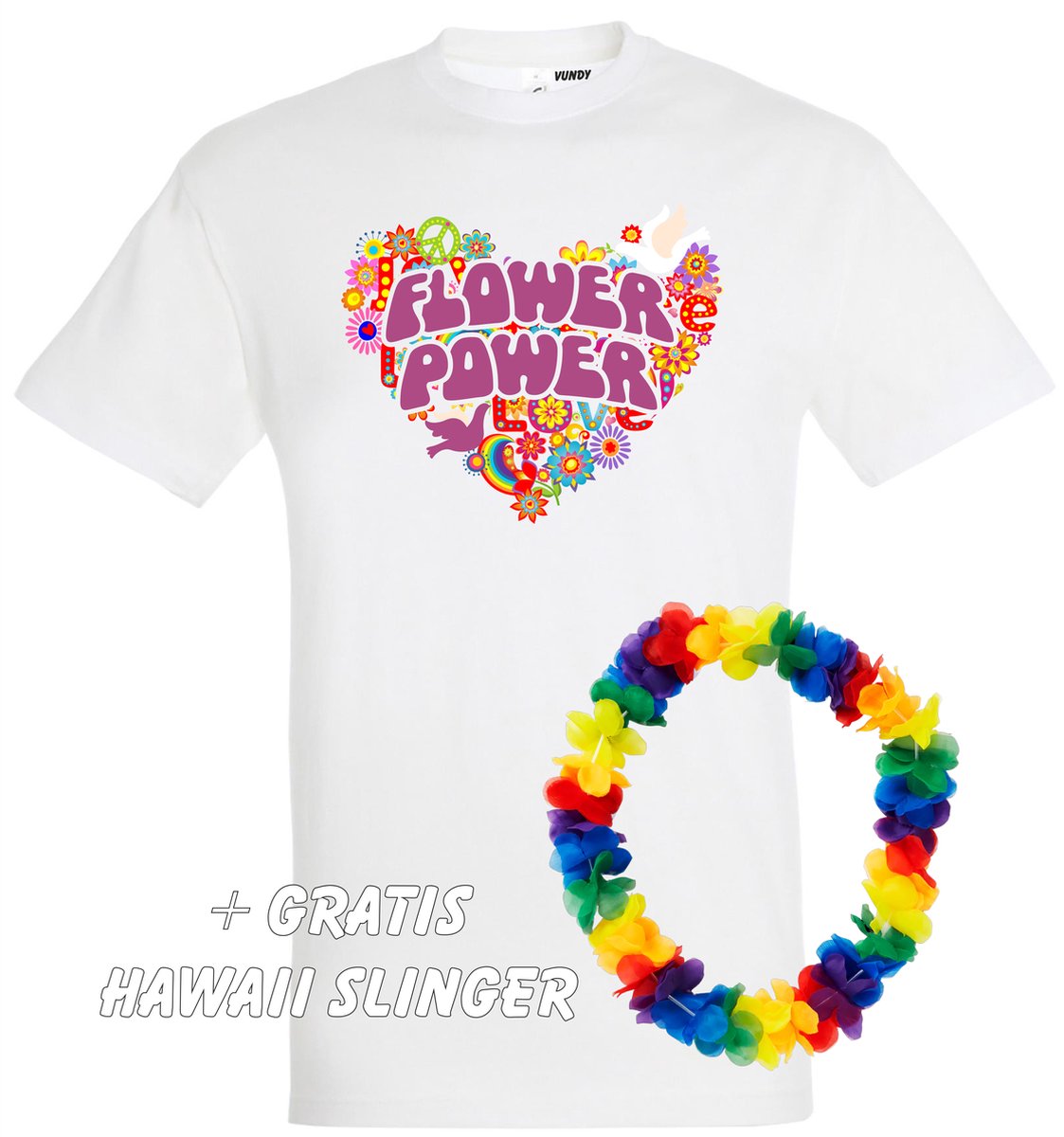 T-shirt Flower Power Hart | Toppers in Concert 2022 | Toppers kleding shirt | Happy Together | Hippie Jaren 60 | Wit | maat XXL